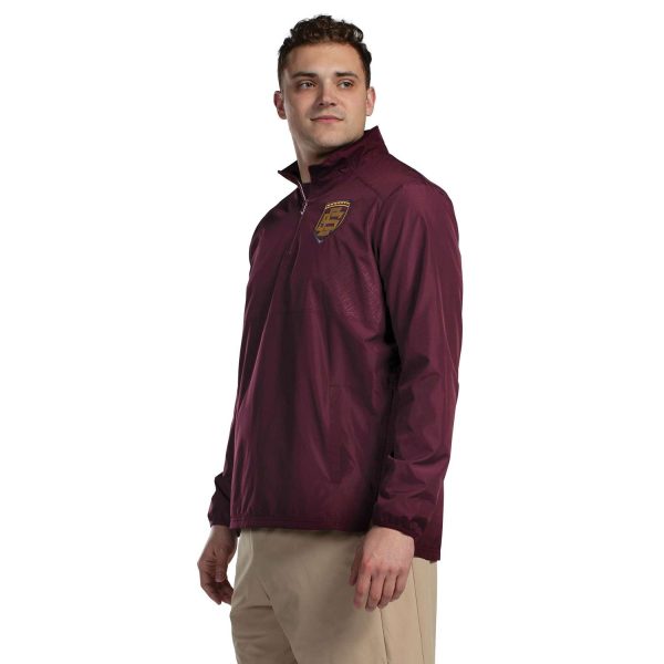 Model in a maroon Holloway SeriesX Pullover, front three-quarters view