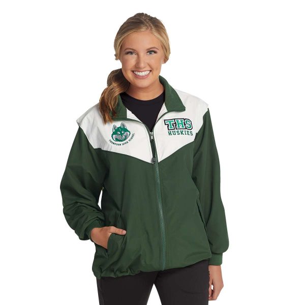 model wearing a green and white Charles River Championship Jacket, front view