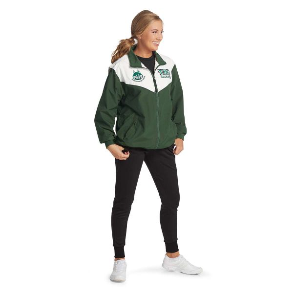 model standing a green and white Charles River Championship Jacket, front three-quarters view