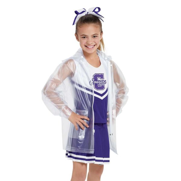 cheerleader in a purple uniform wearing a Clear Rain Jacket