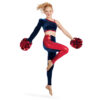 model wearing custom dance uniform, front right three-quarters
