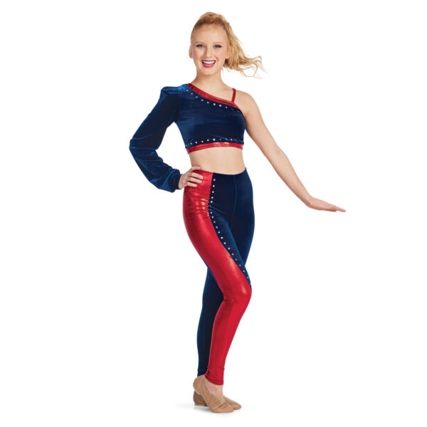 model wearing custom dance uniform, front view
