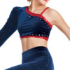 model wearing custom dance uniform, front detail