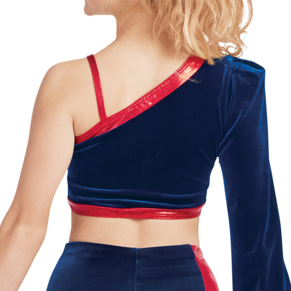 model wearing custom dance uniform, back detail