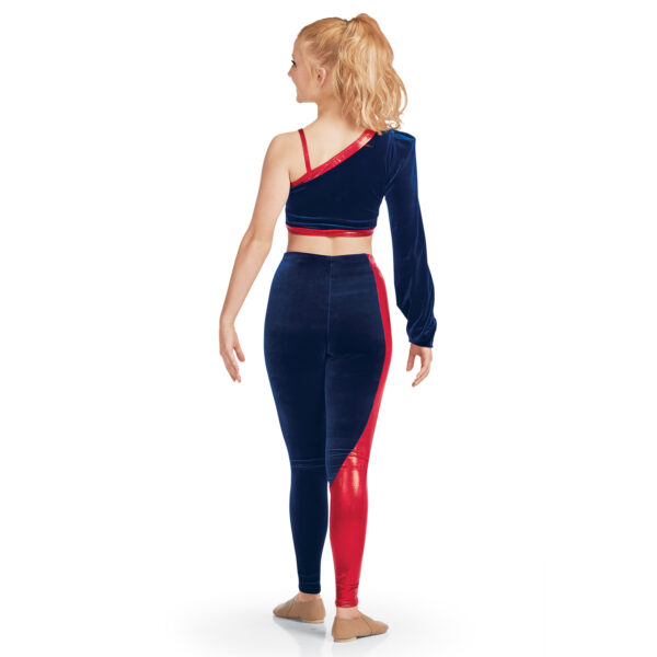 model wearing custom dance uniform, back view