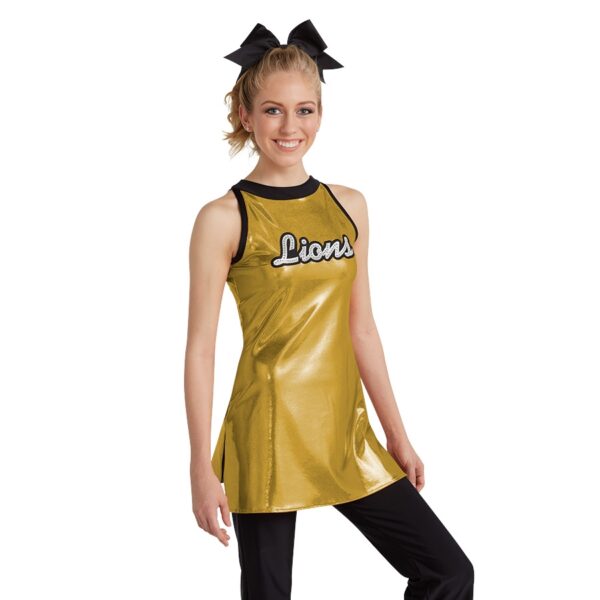 model wearing custom dance uniform, detail