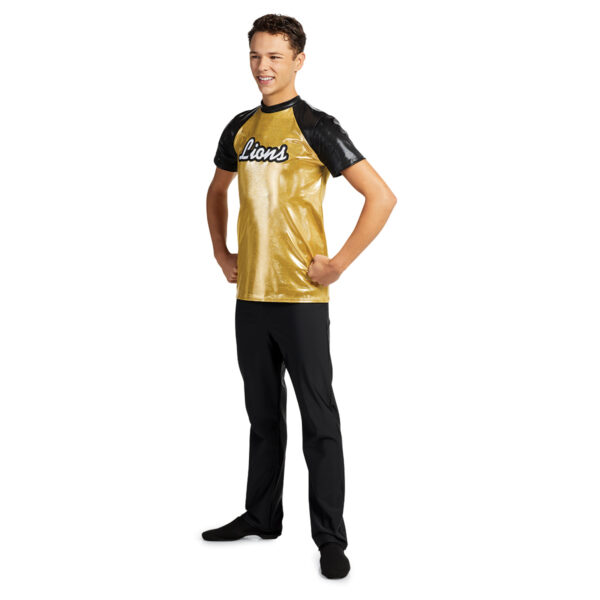 model wearing men's custom dance uniform, front left three-quarters