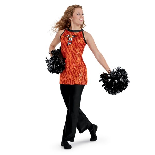 model wearing custom dance uniform, front view