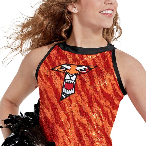 model wearing custom dance uniform, detail