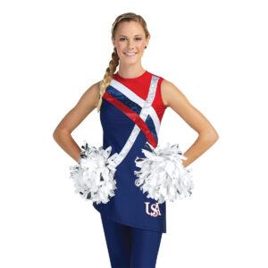 model wearing custom dance uniform, view