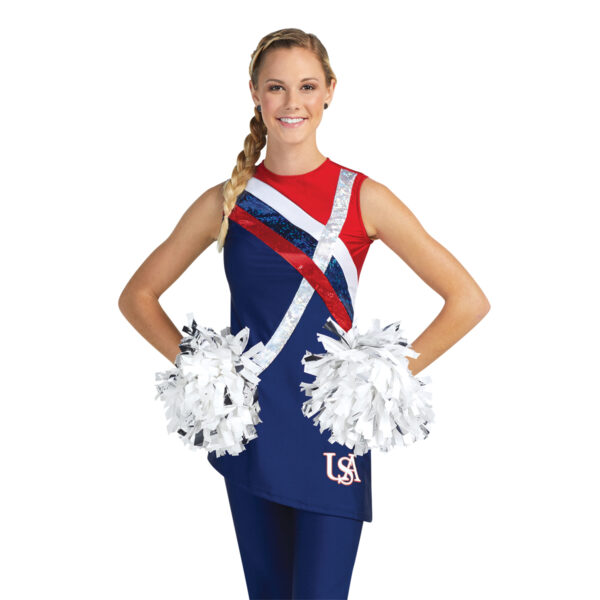 model wearing custom dance uniform, view