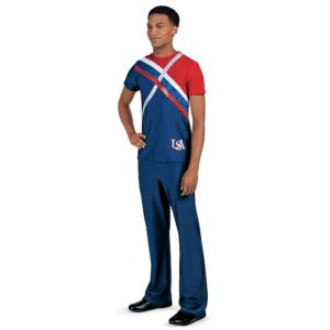 model wearing men's custom dance uniform, front left three-quarters