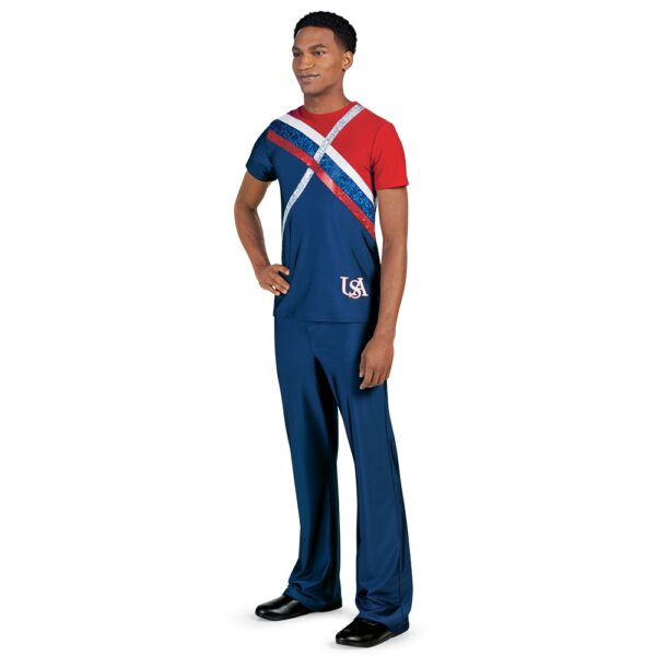 model wearing men's custom dance uniform, front left three-quarters