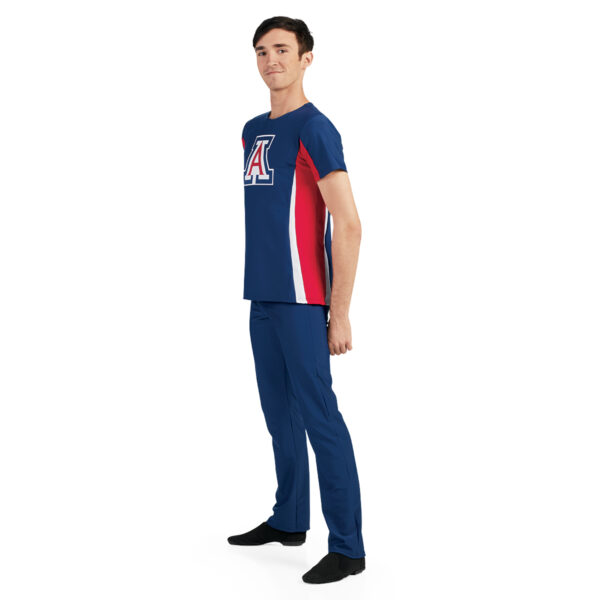 model wearing men's custom dance uniform, side view