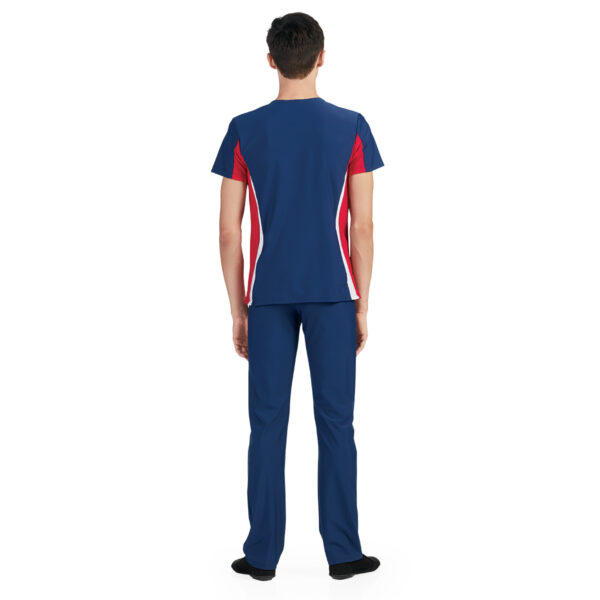 model wearing men's custom dance uniform, back