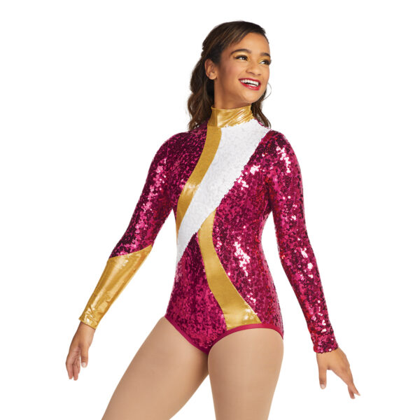 model wearing custom dance uniform, front detail