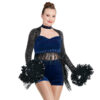 model wearing custom dance uniform, front view detail