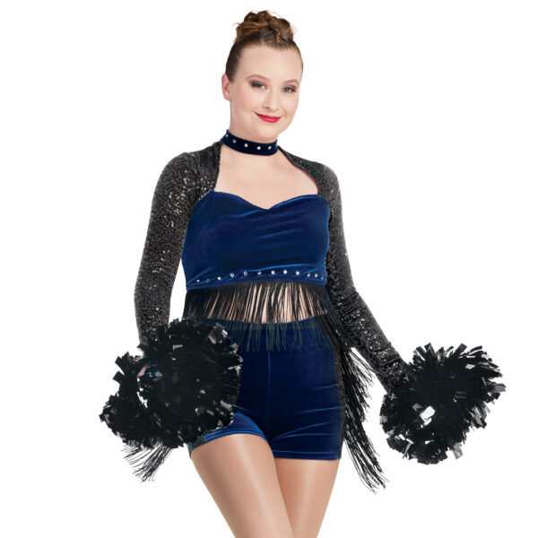 model wearing custom dance uniform, front view detail