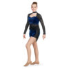 model wearing custom dance uniform, front left side view