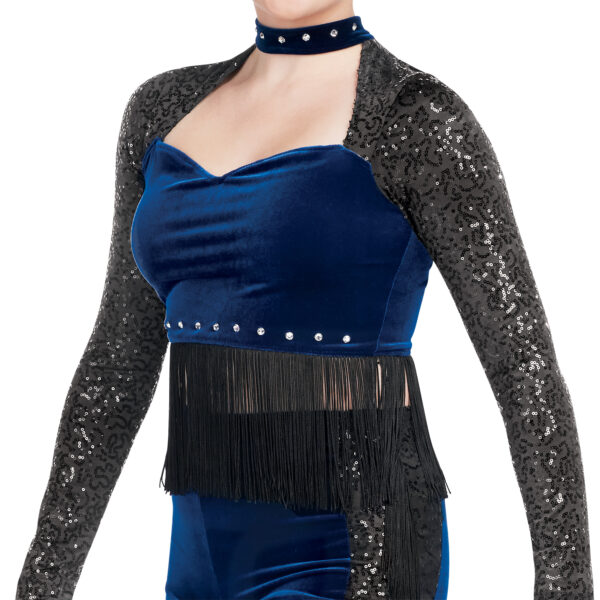 model wearing custom dance uniform, front detail