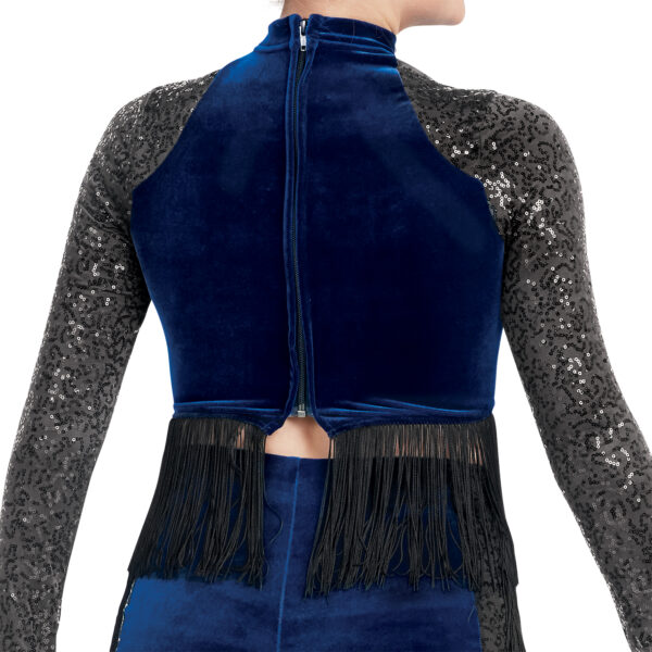 model wearing custom dance uniform, back detail