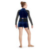 model wearing custom dance uniform, back view