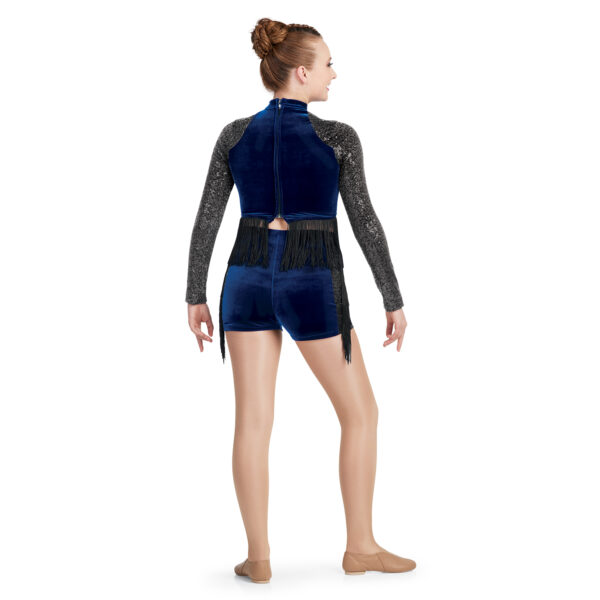 model wearing custom dance uniform, back view