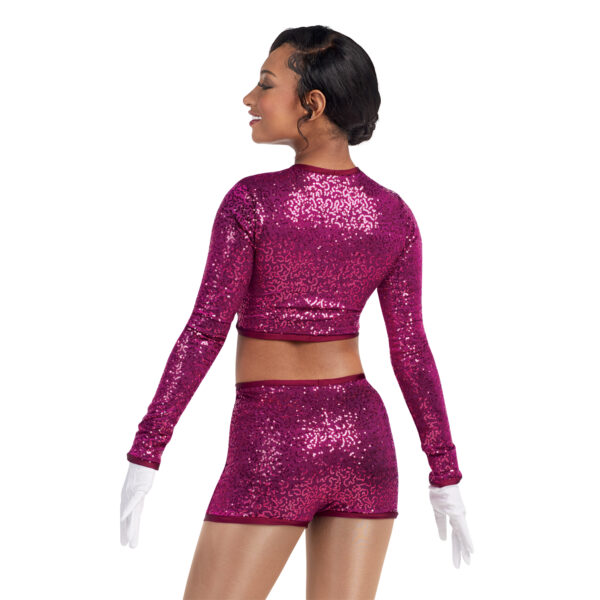 model wearing custom dance uniform, back detail