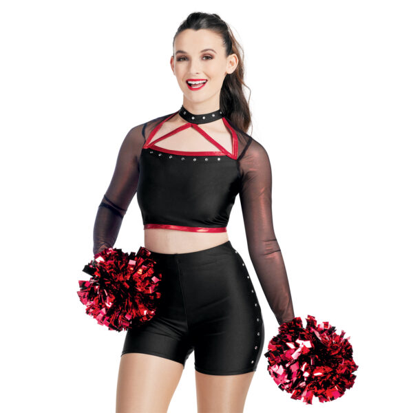 model wearing custom dance uniform, front detail