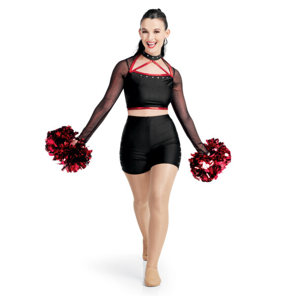 model wearing custom dance uniform, front view
