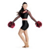 model wearing custom dance uniform, left side view