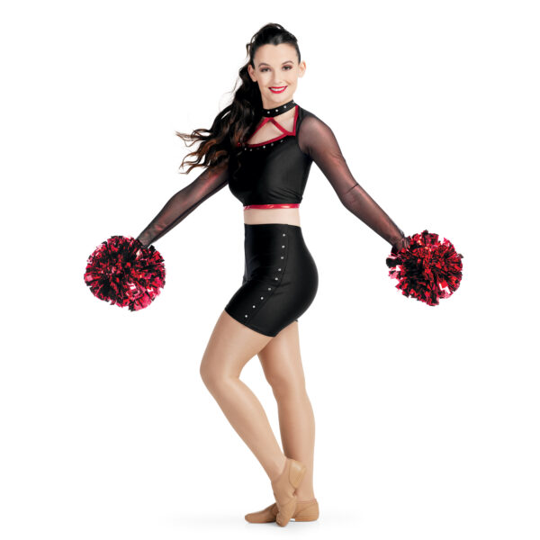 model wearing custom dance uniform, left side view