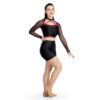 model wearing custom dance uniform, right side view