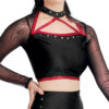 model wearing custom dance uniform, front detail