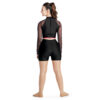model wearing custom dance uniform, back view