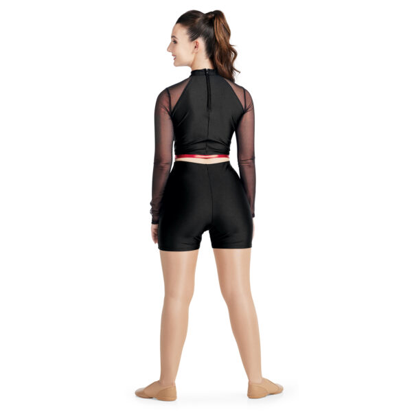 model wearing custom dance uniform, back view