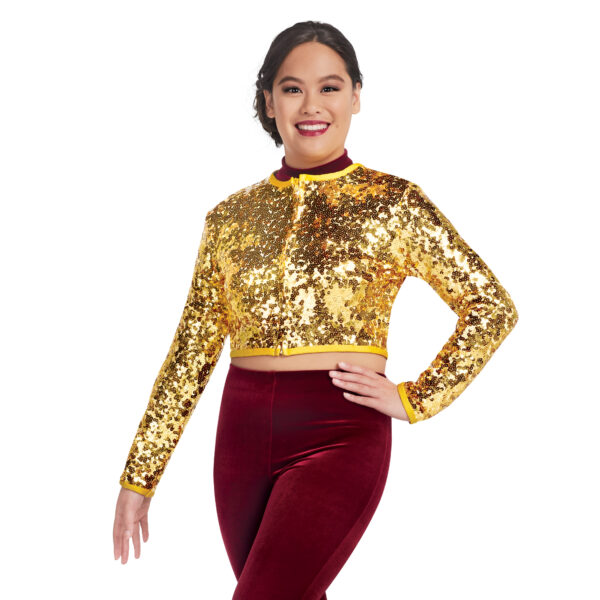 model wearing custom dance uniform, front detail