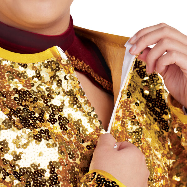 model wearing custom dance uniform, jacket detail