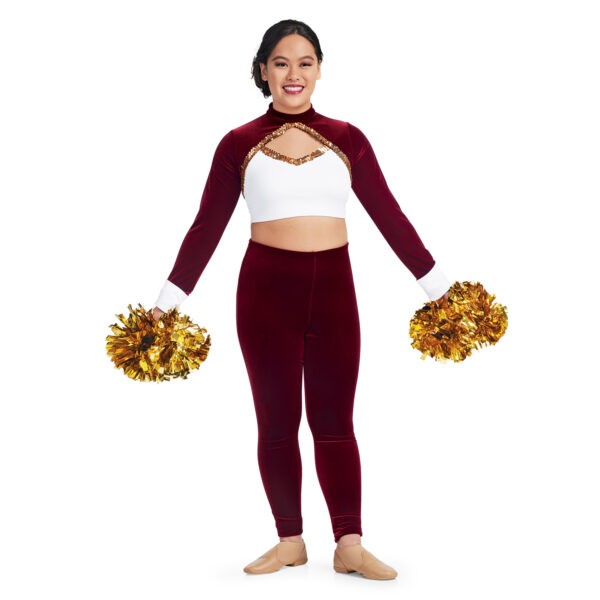 model wearing custom dance uniform, front view