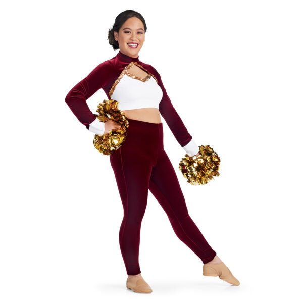 model wearing custom dance uniform, right three-quarters view