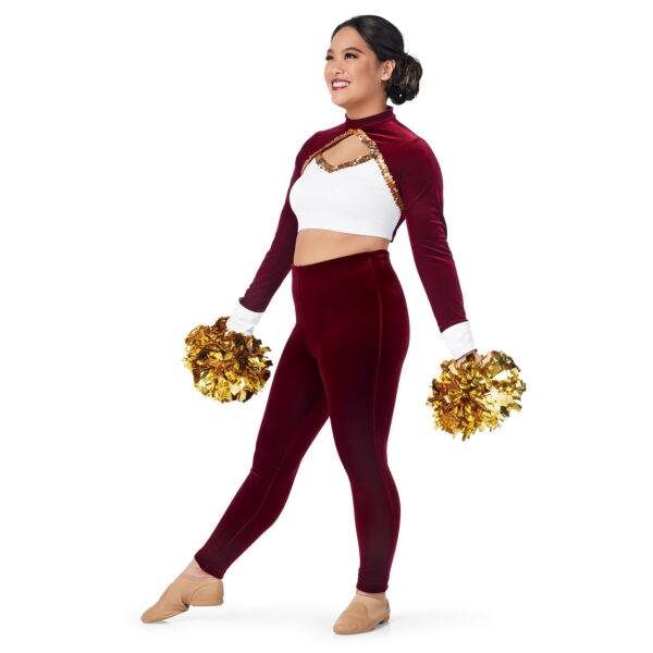 model wearing custom dance uniform, left three-quarters view