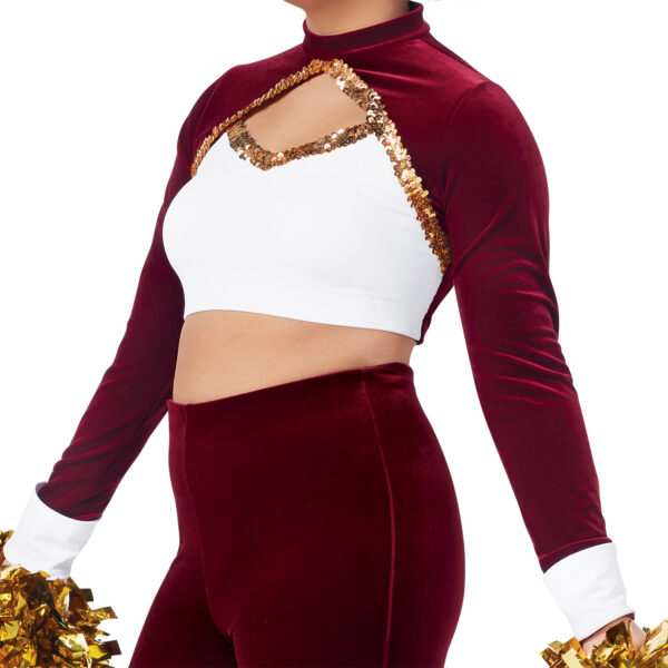model wearing custom dance uniform, left three-quarters detail