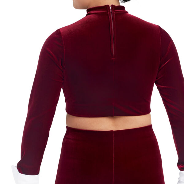 model wearing custom dance uniform, back detail