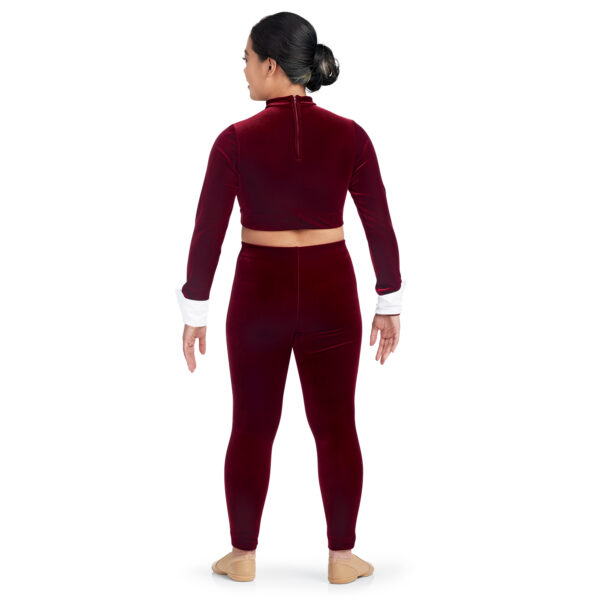 model wearing custom dance uniform, back view