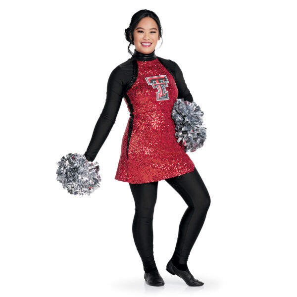 model wearing custom dance uniform, front three-quarters view