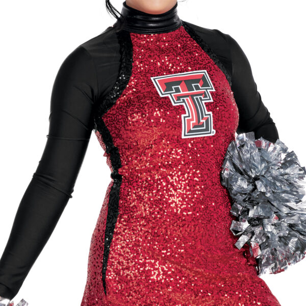 model wearing custom dance uniform, front detail