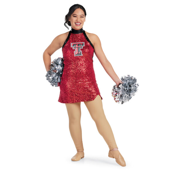 model wearing custom dance uniform, front view