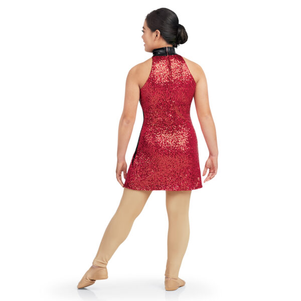 model wearing custom dance uniform, back view