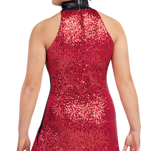 model wearing custom dance uniform, back detail