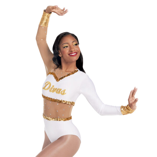 model wearing custom dance uniform, front three-quarters detail